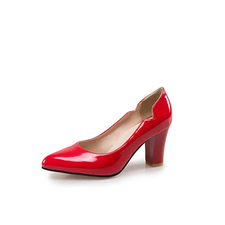 Women's Pointed Toe Patent Leather Block Heels Pumps