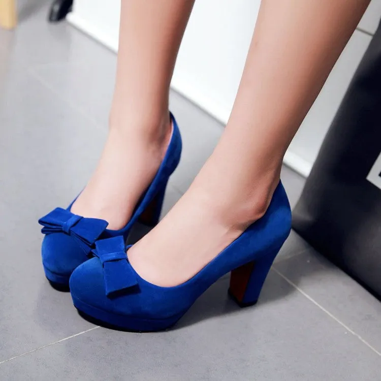 Women's Suede Almond Toe Butterfly Knot Chunky Heels High Heel Platform Pumps