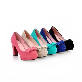 Women's Suede Almond Toe Butterfly Knot Chunky Heels High Heel Platform Pumps