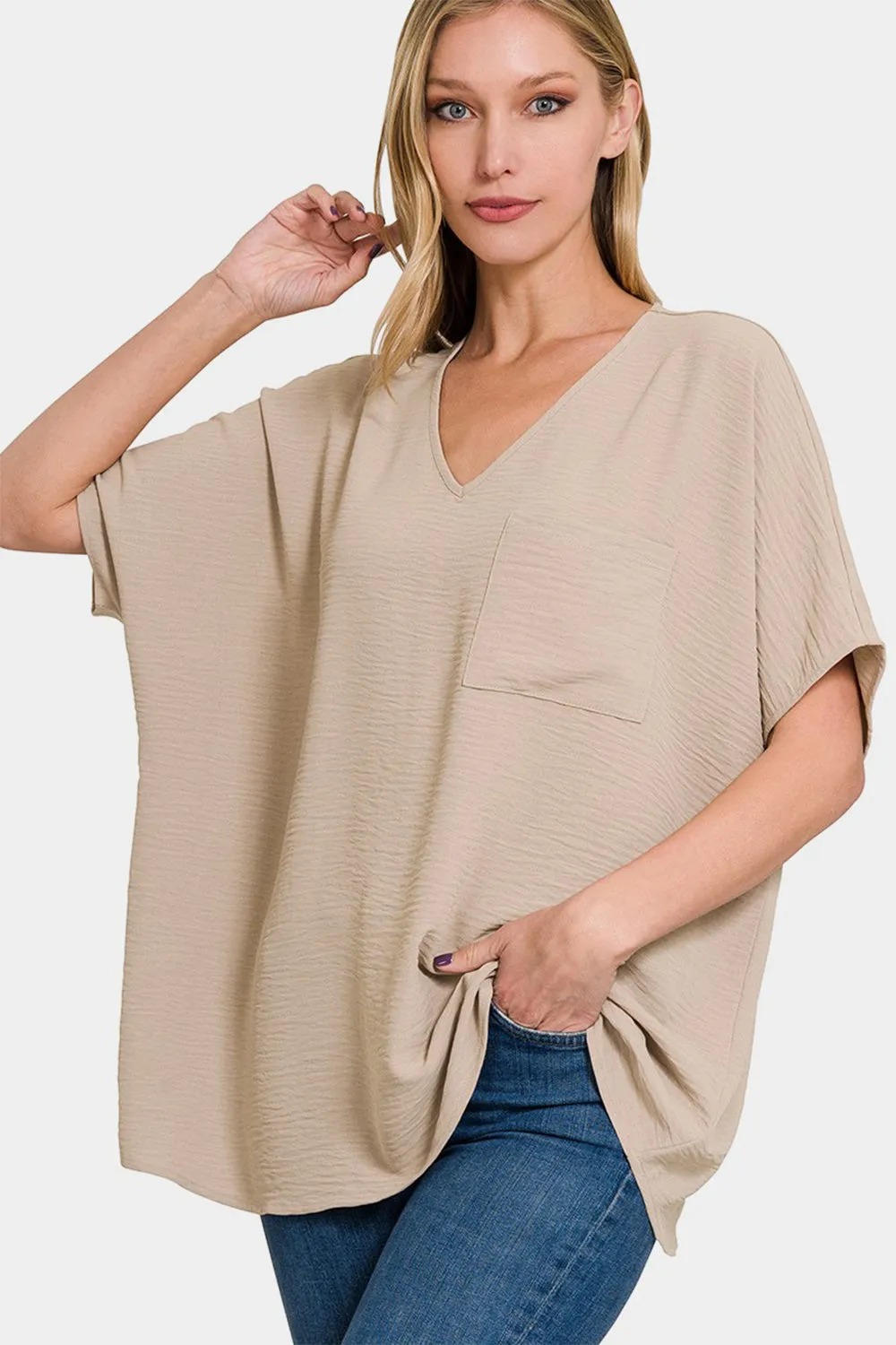 Zenana Full Size Texture V-Neck Short Sleeve Top